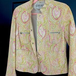 Carlisle Suede Paisley Blazer/Green/Pink/Tan/White. Snaps/Zippers. Size 6